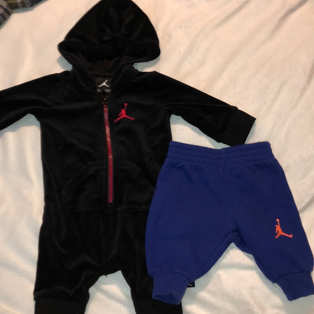 Velvet jumpsuit and blue sweatpants